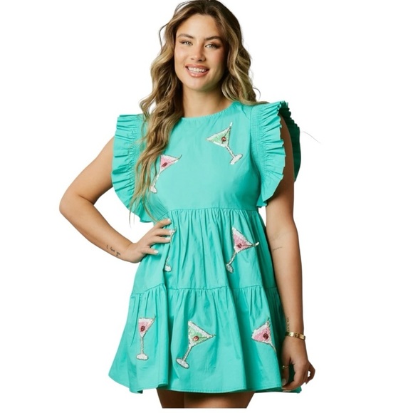NWT! Peach Love SEQUINS MARTINI PATCH TURQUOISE COTTON MINI DRESS. Size Medium. - Picture 1 of 16